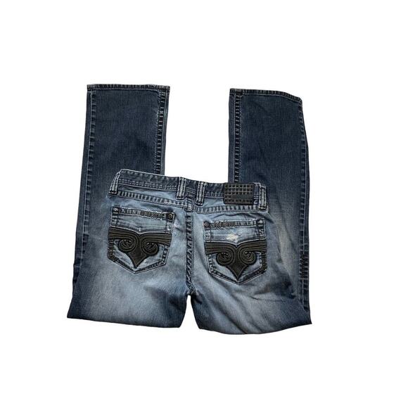 Affliction Cooper Buckle Denim Jeans 32R Distressed Dark Wash Stretch Blue - Picture 6 of 13